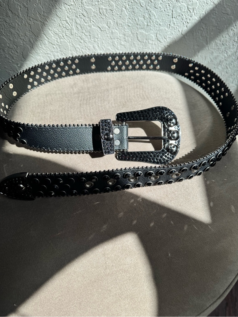 Black Studded Women's Belt with Decorative Buckle